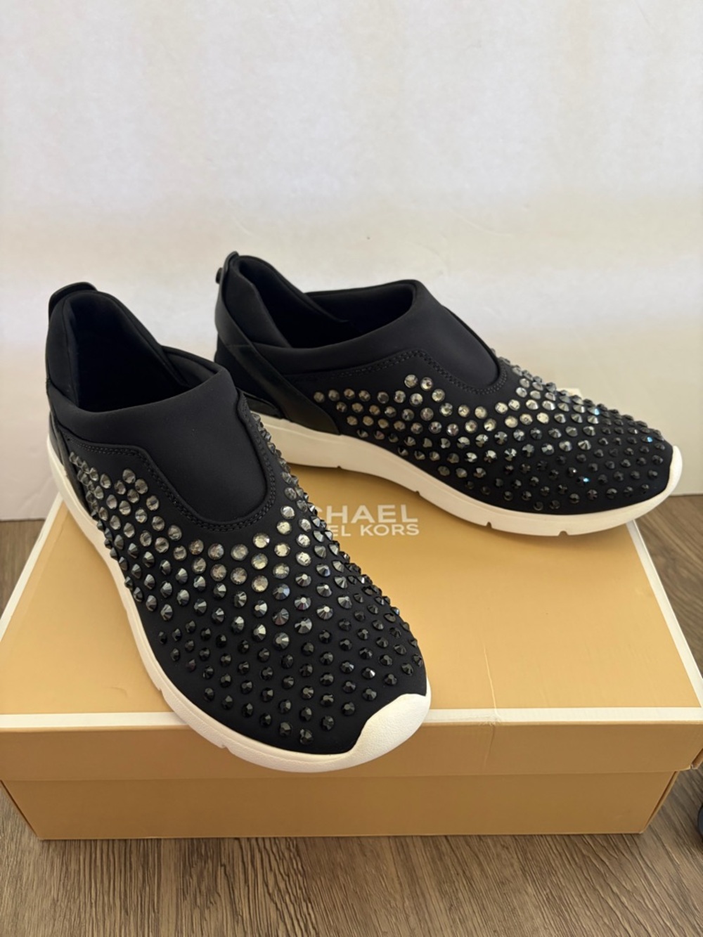 NEW Michael Kors Black Crystal-Studded Slip-On Sneakers Size 8